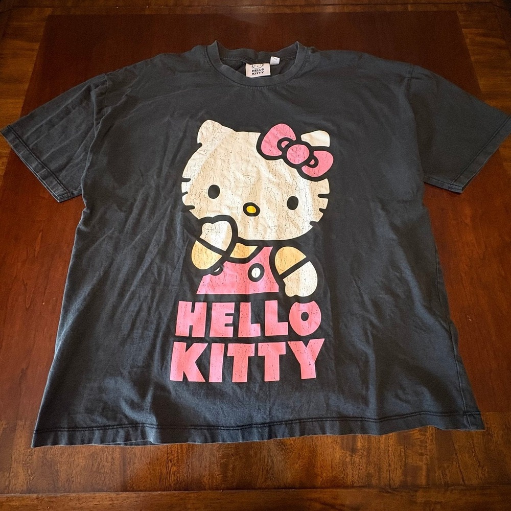 Hello Kitty Graphic Tee Black Pink Big Logo Sanrio Character Shirt Cute Y2K